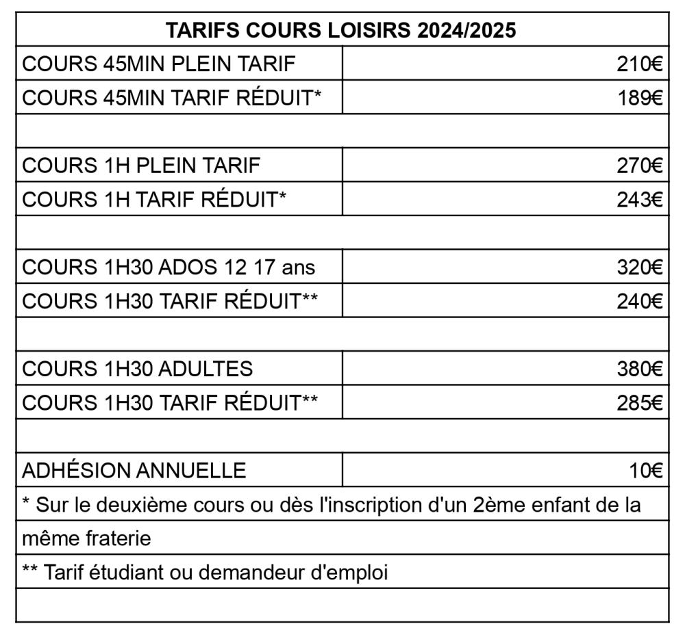 TARIFS COURS LOISIRS 2024_2025